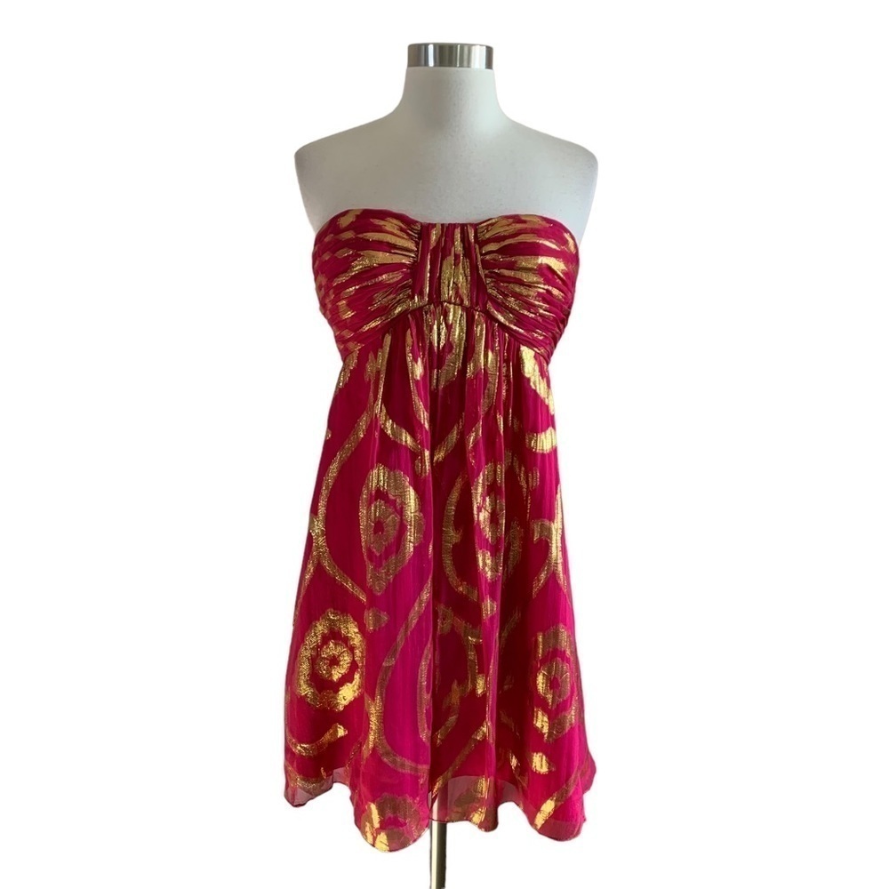 Oleg Cassini Silk Metallic Chiffon Babydoll (Removable) Spaghetti Strap Dress